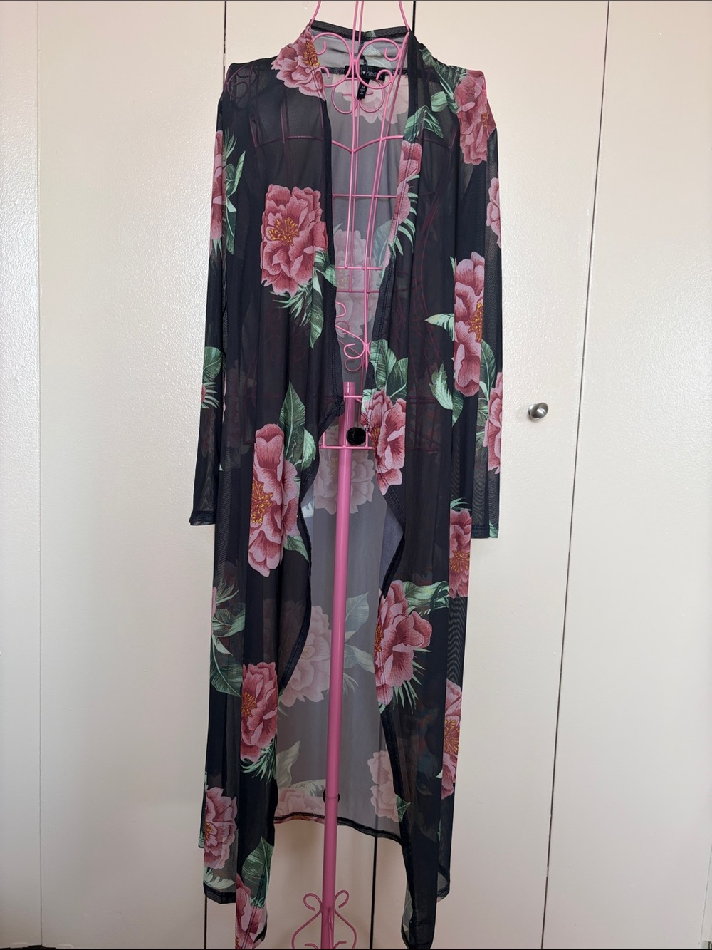 Derek Heart Black Sheer Floral Duster with Pink Accents